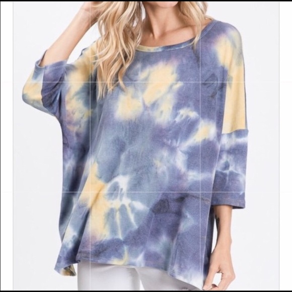 Blue and Yellow Waffle Knit Tie Dye Loose Fit Top - Picture 7 of 7